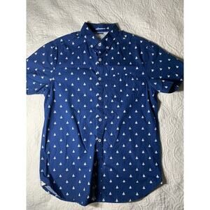 Mens Zip Code By Ricky Singh Blue Button Up Mens (Small) w/ Boat Pattern.